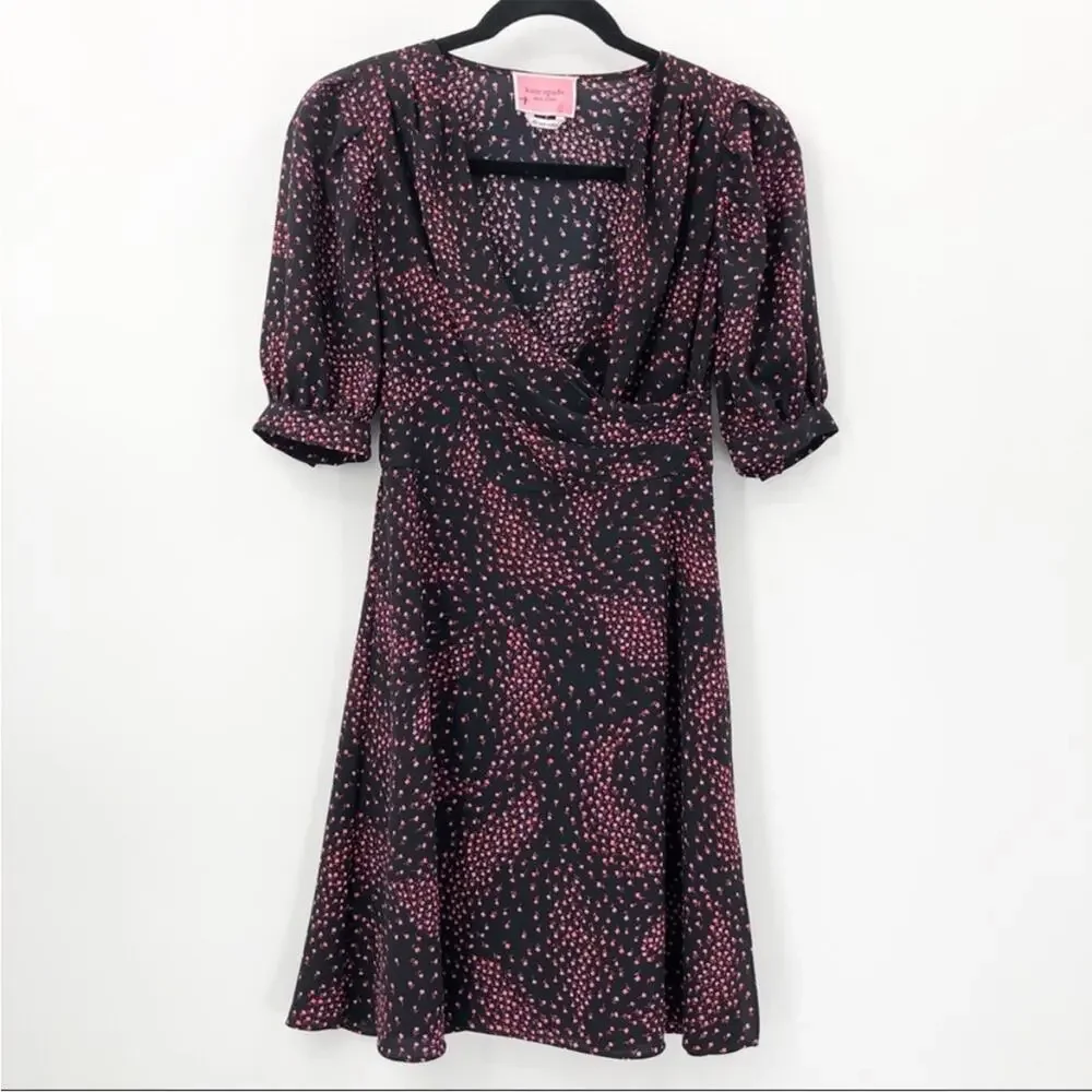 Kate Spade Meadow Wrap Mini Dress Floral Black Pink V-Neck Crepe 00